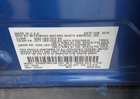 2015 Mitsubishi Outlander Sport Es z USA, uszkodzony, nr VIN 4A4AP3AW4FE026447